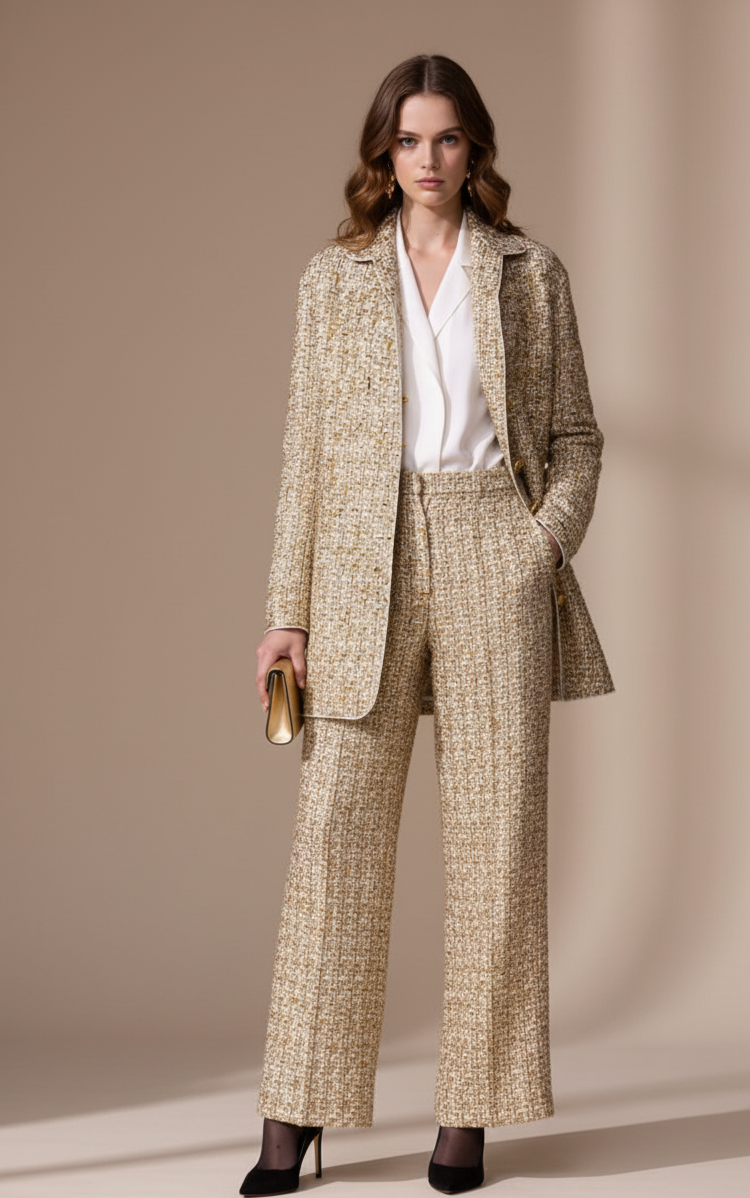 The "Golden Radiance" Longline Tweed Cardigan Suit