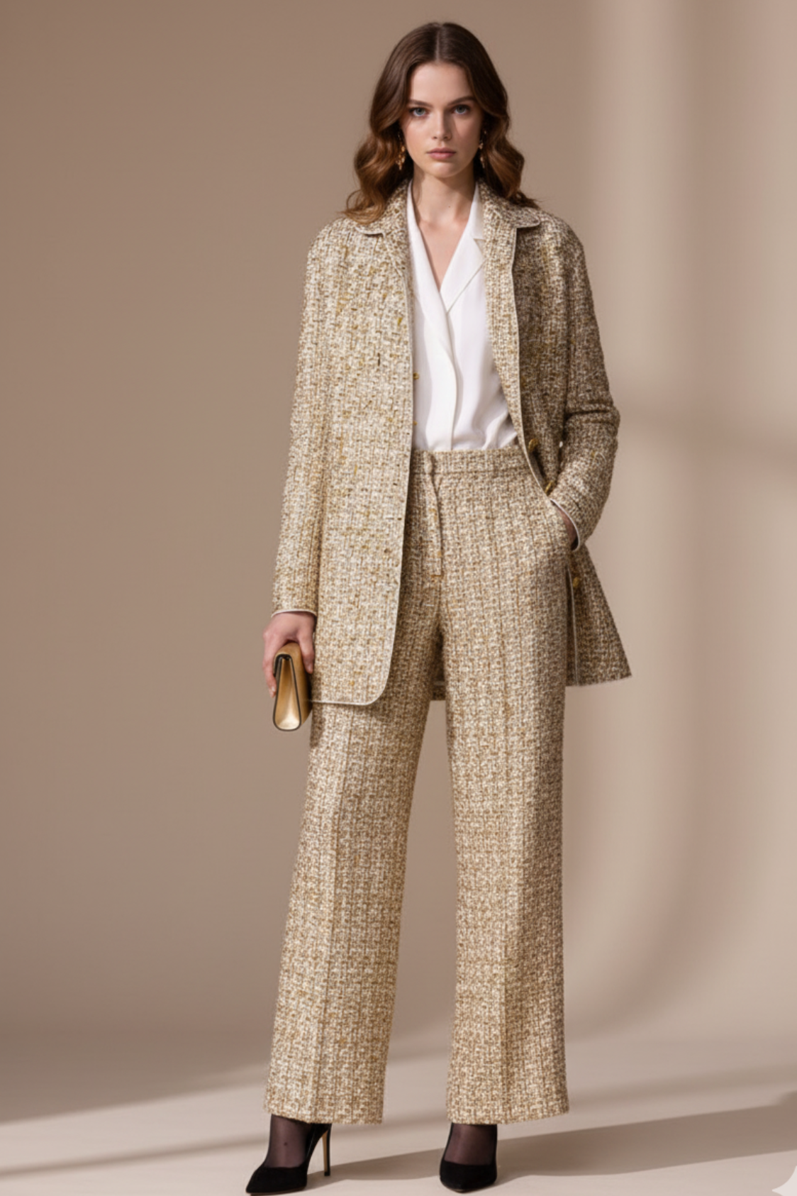 Le "Golden Radiance" Longline Tweed Cardigan Costume