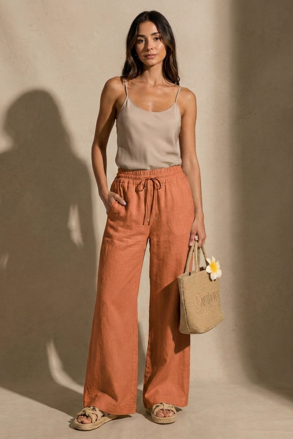 Pantalon Palazzo en Lin Terracotta