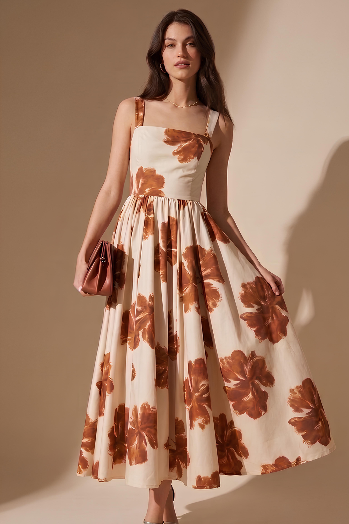 Robe Midi Évasée Imprimé Floral Terracotta