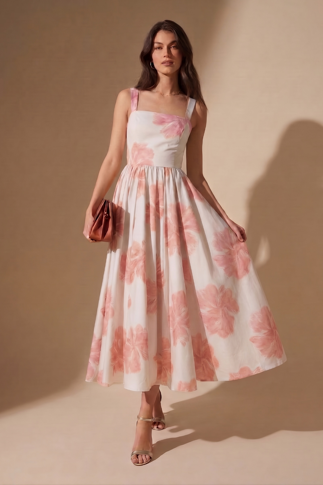 Robe Midi Évasée Imprimé Floral Rose